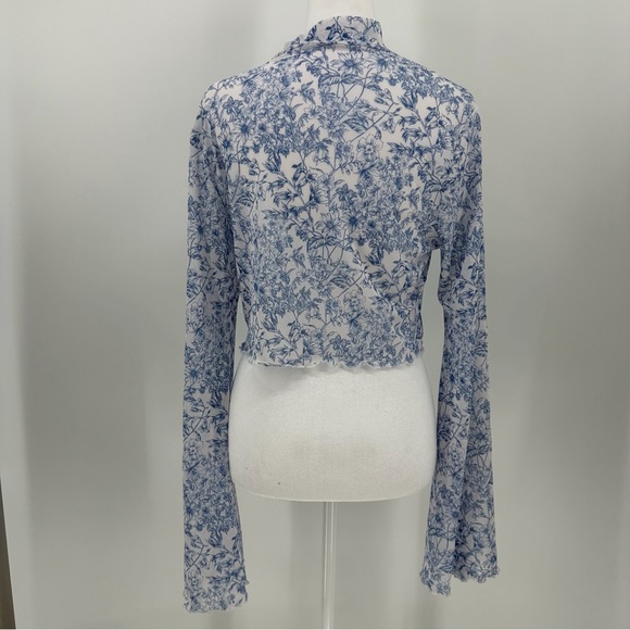 Sheer Blue Floral Cropped Mesh Top Bell Sleeves Coquette‎ Cottagecore Blouse - Picture 4 of 5